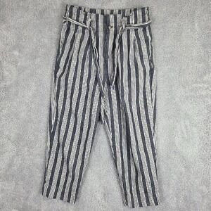 Madewell Women's Linen-Blend Paperbag Waist Pants Size 6 Belted Blue Stripes